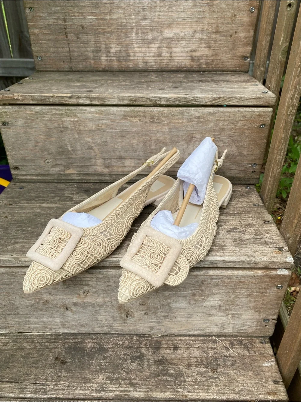 Dolce Vita Beige Embroidered Pointed-Toe Slingback Flats with Buckle